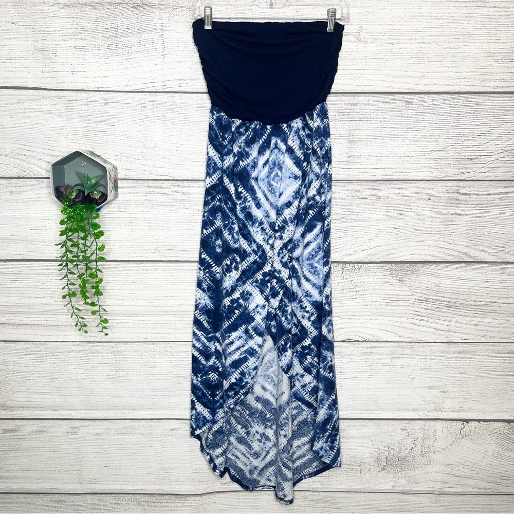 Just Be Blue & White Tie Dye Strapless High Low Maxi Dress Size Medium